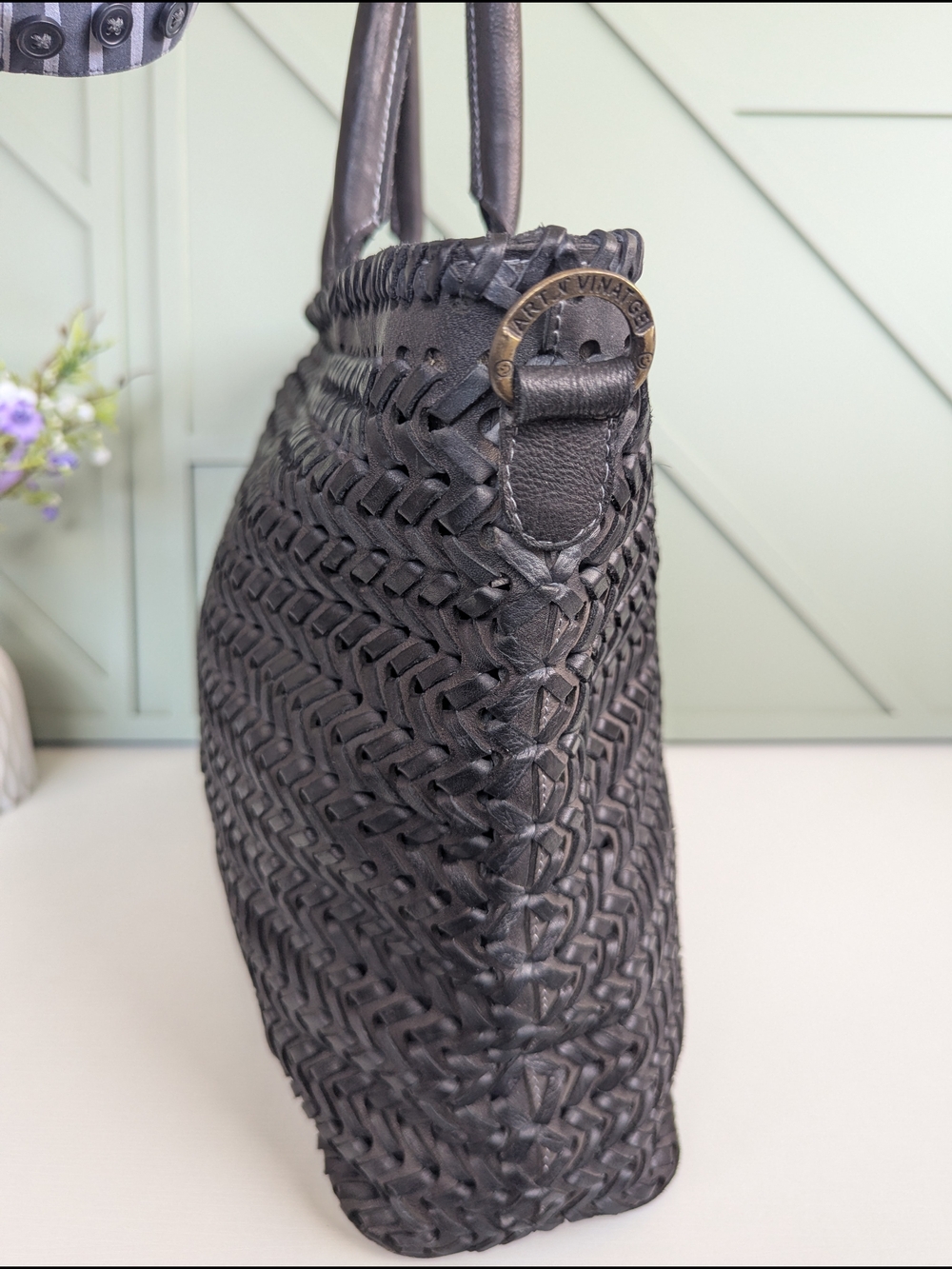 Woven Leather Tote Bag - Black Braided Design - Picture 8 of 16